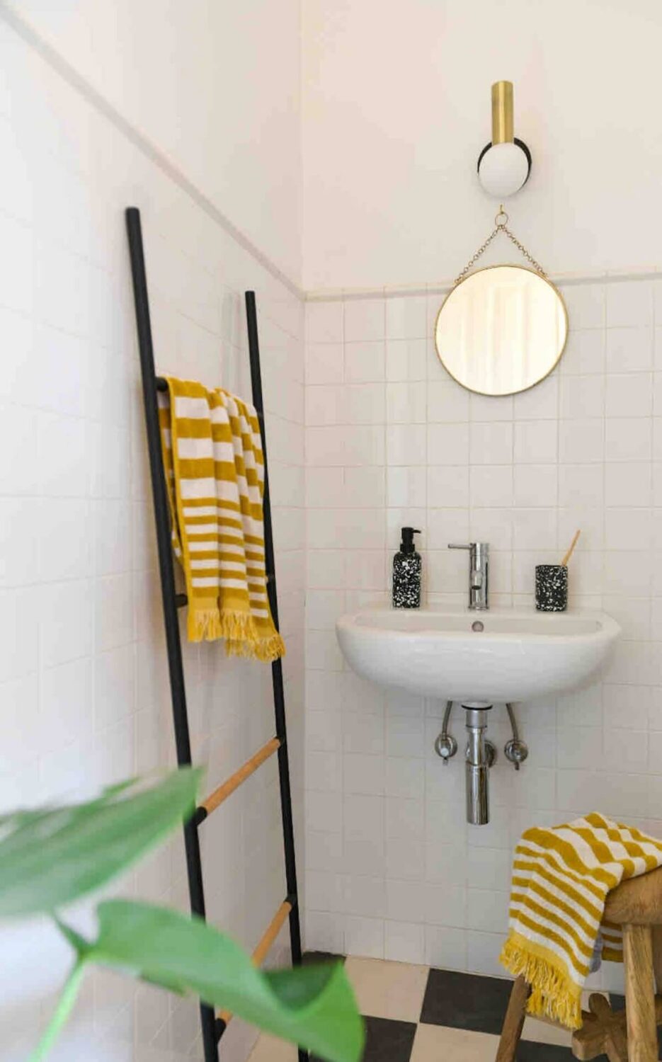 bathroom checkerboard floor A Colorful Airbnb Apartment in Portugal