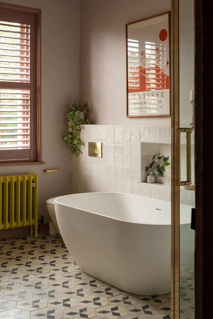 bathroom geometric floor tiles freestanding bath