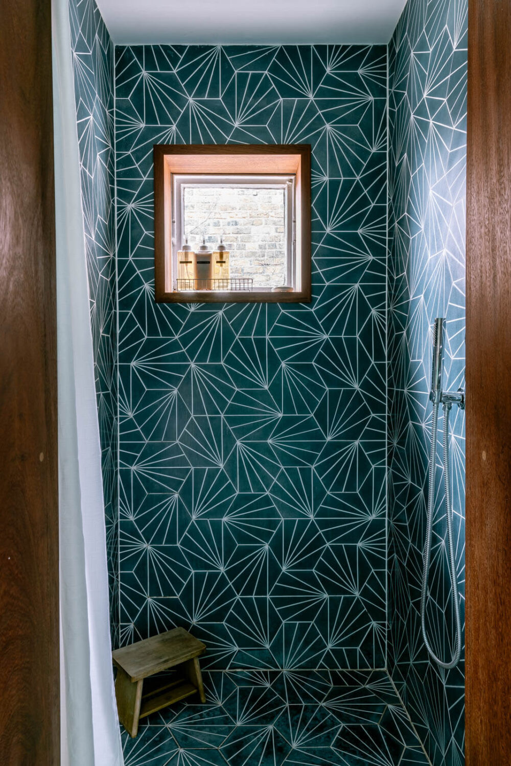 bathroom with green geometric tiles