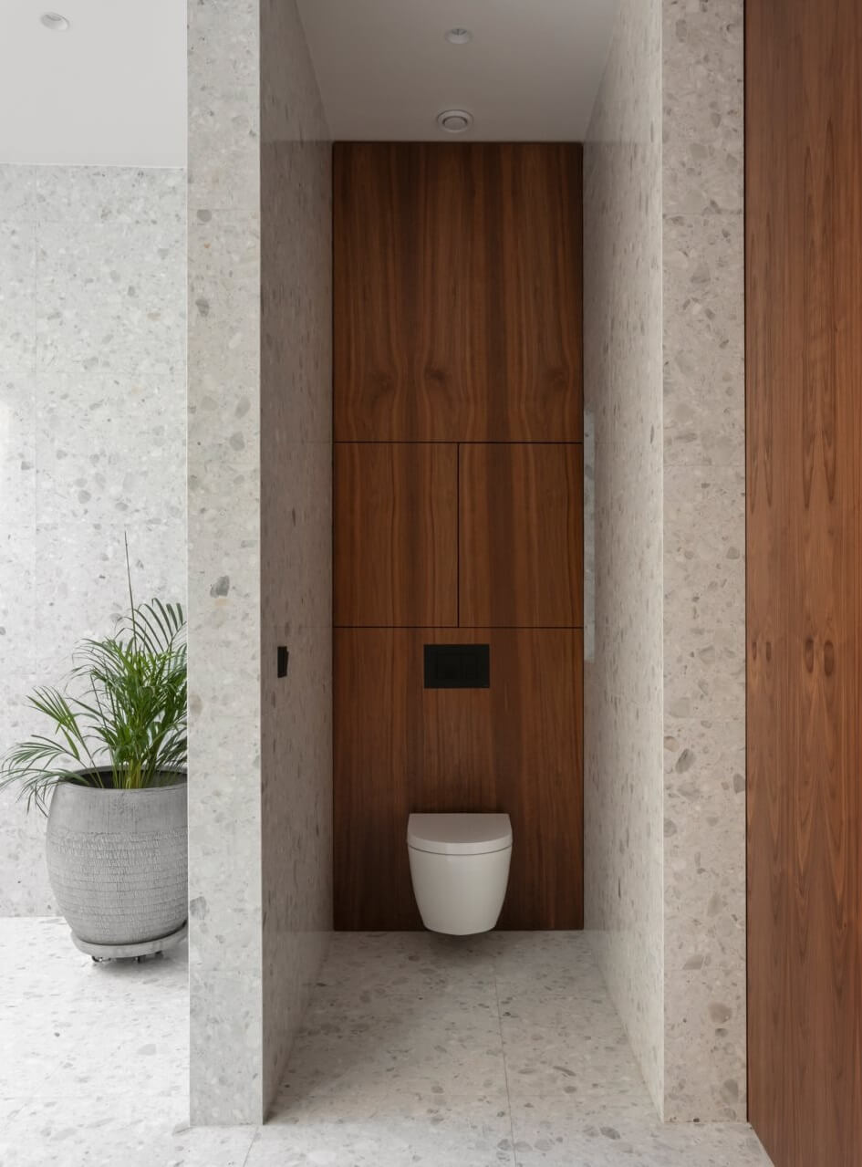 bathroom with wooden accents