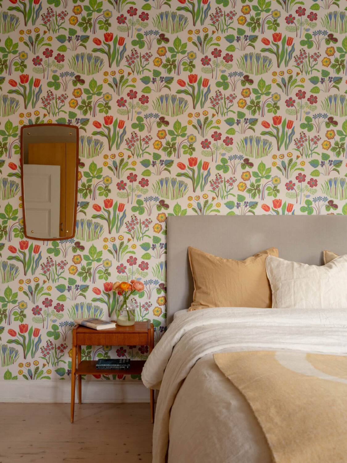 bedroom detail floral wallpaper