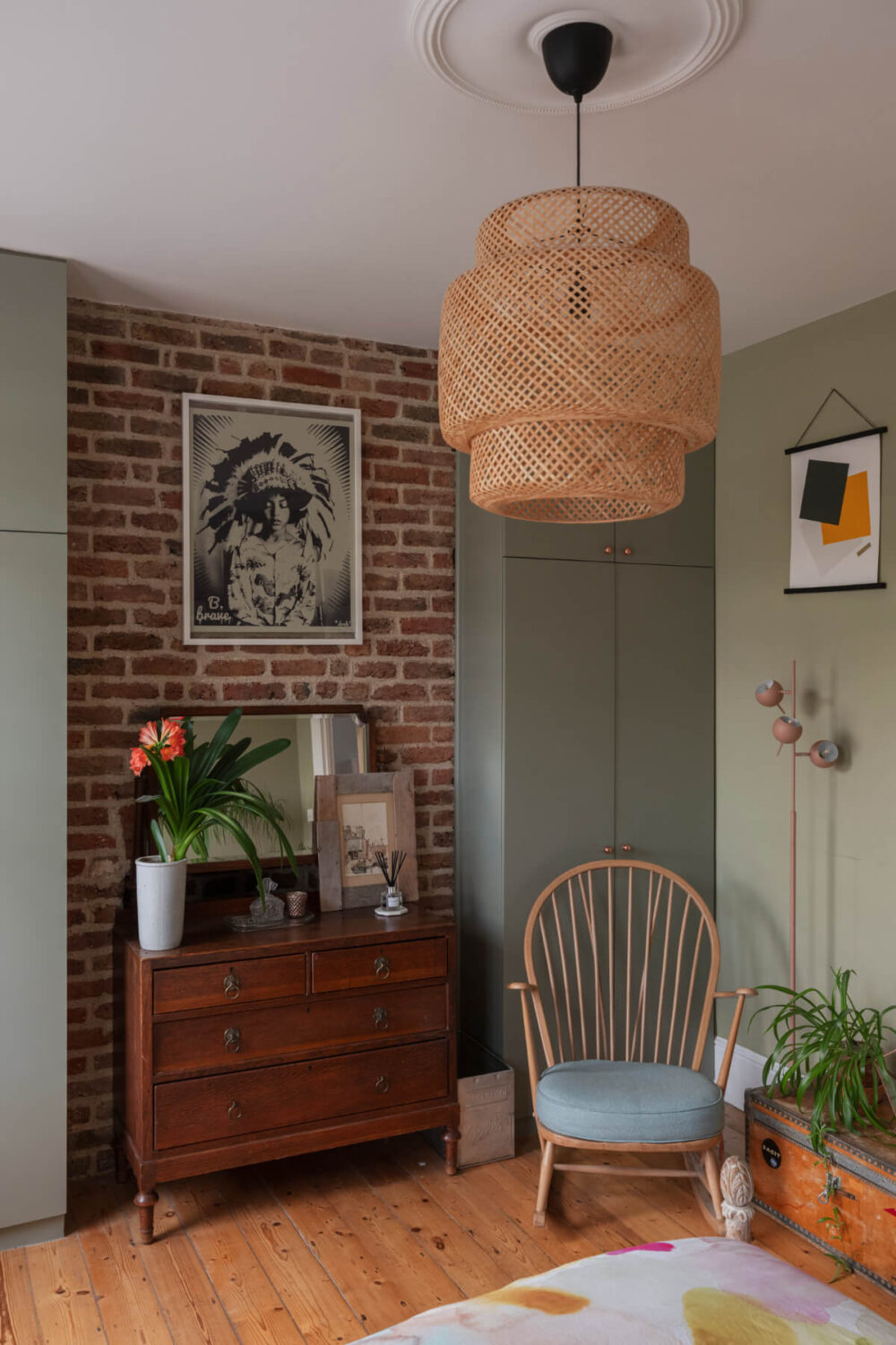 bedroom exposed brick gray wardrobes antique dresser