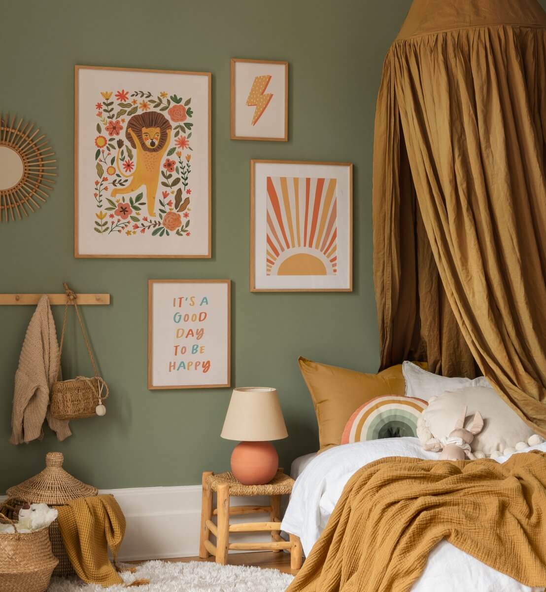 bedroom-sage-green-walls-mustard-yellow-decor-canopy-nordroom