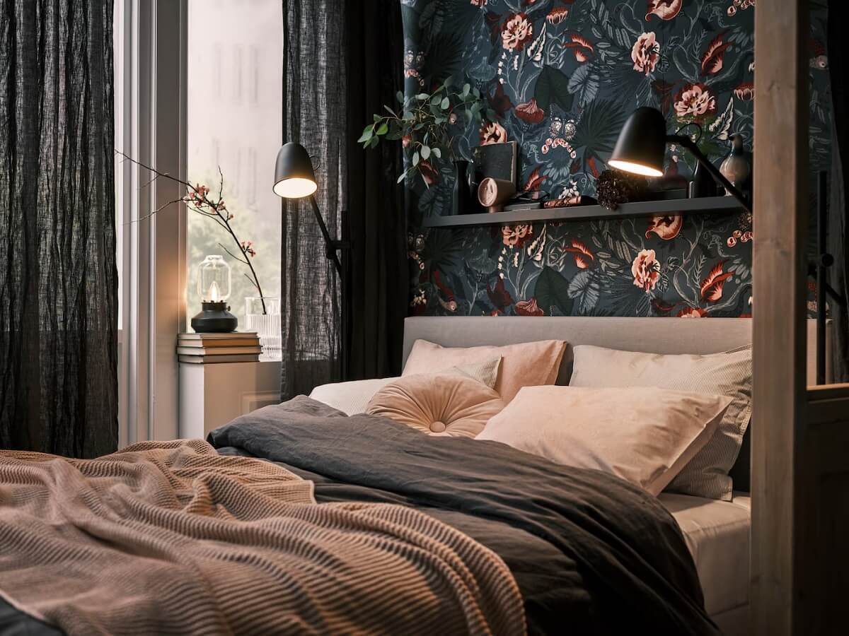 bedroom with rose wallpaper