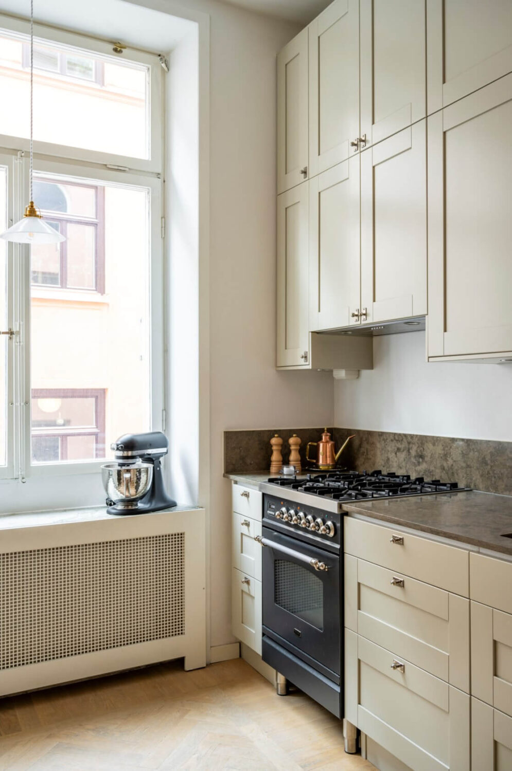 beige kitchen double upper cabinets