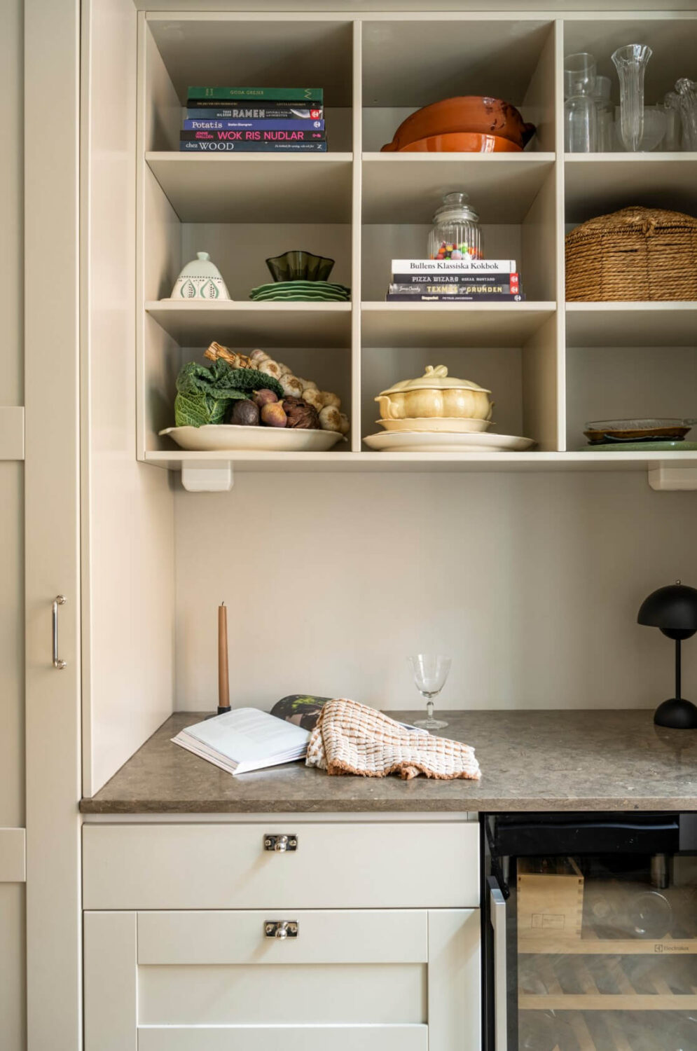 beige kitchen open cupboards