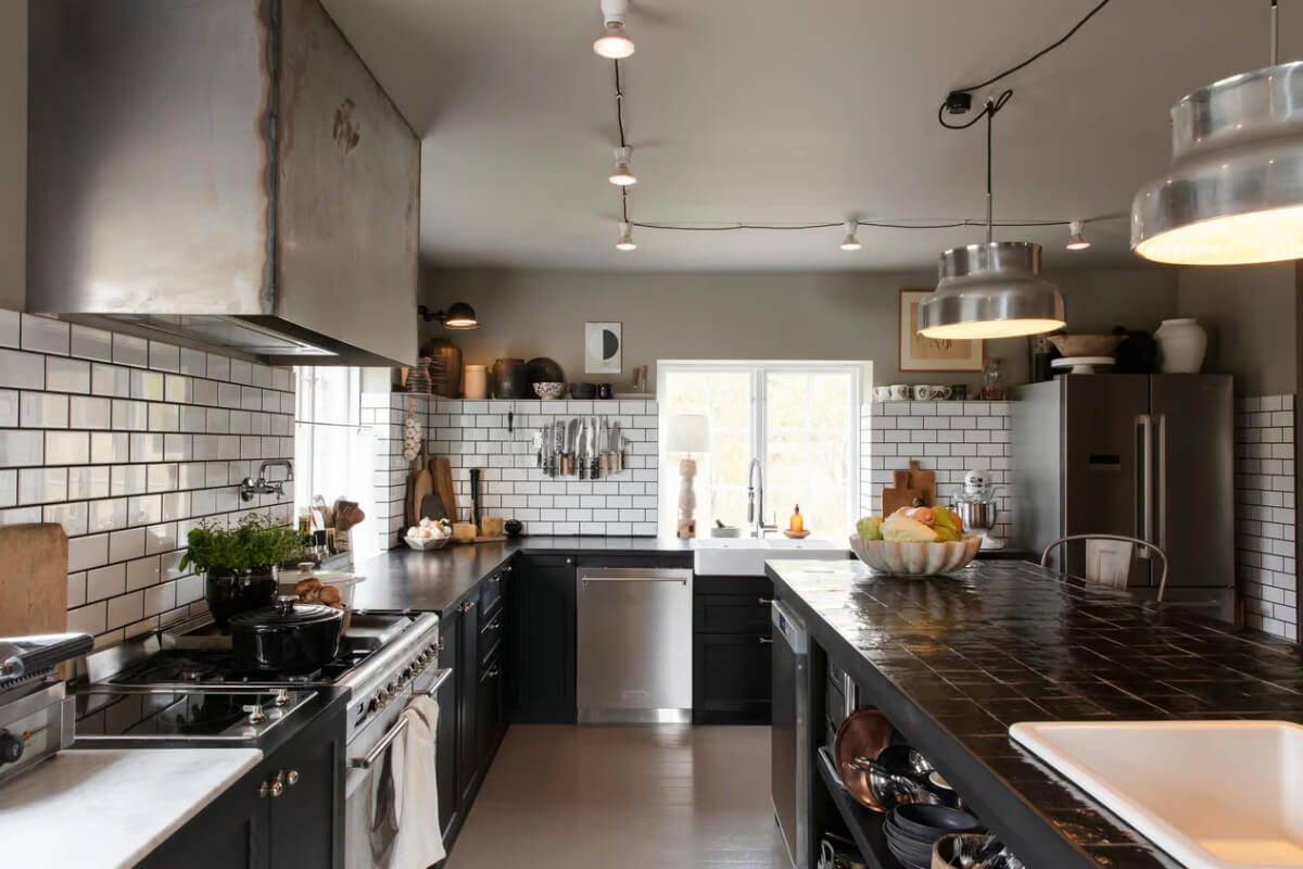 black kitchen white tiles gray ceiling