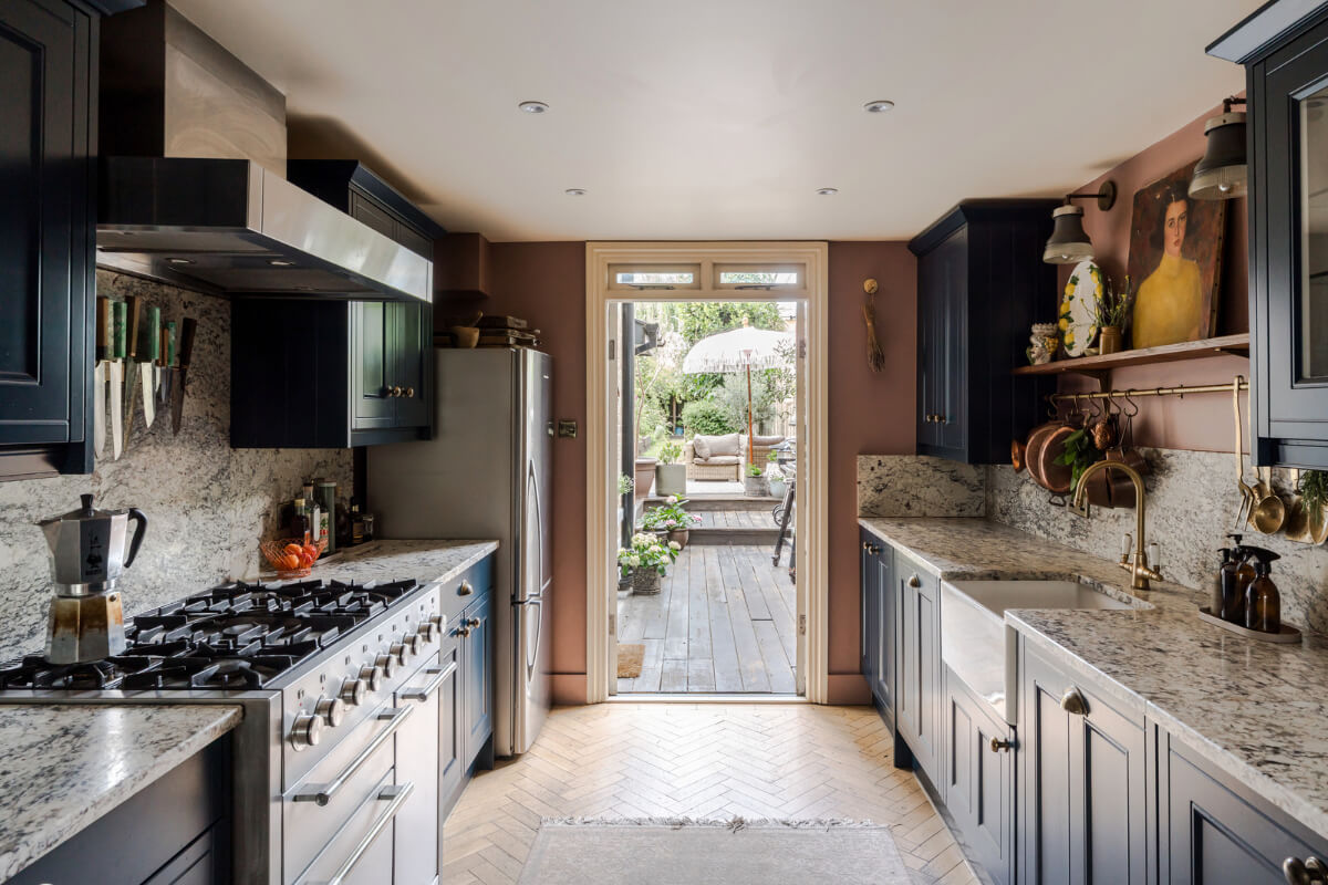 blue kitchen herringbone floor garden doors