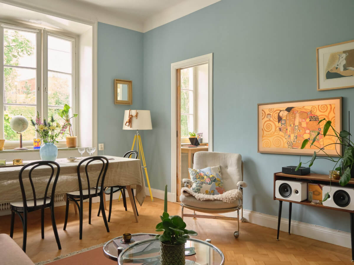 blue living room herringbone floor