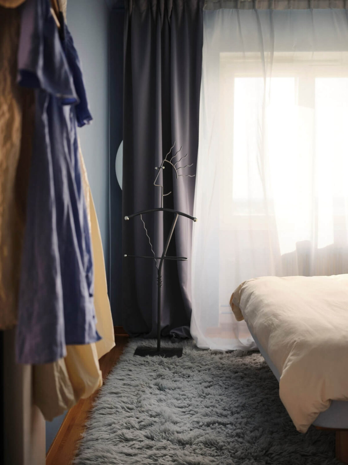 blue rug in bedroom