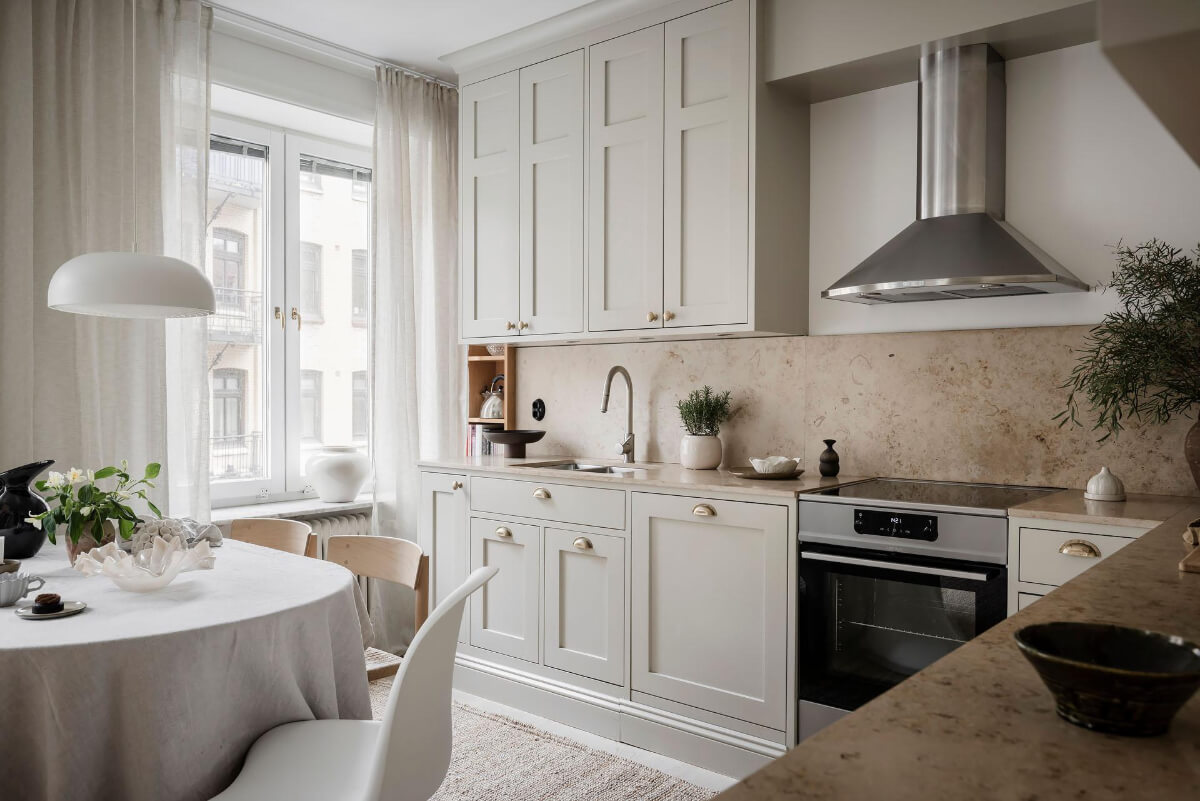 classic light gray kitchen brass knobs