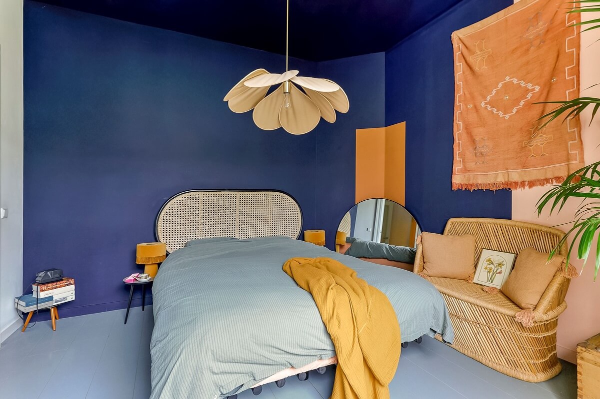 color drenched blue bedroom