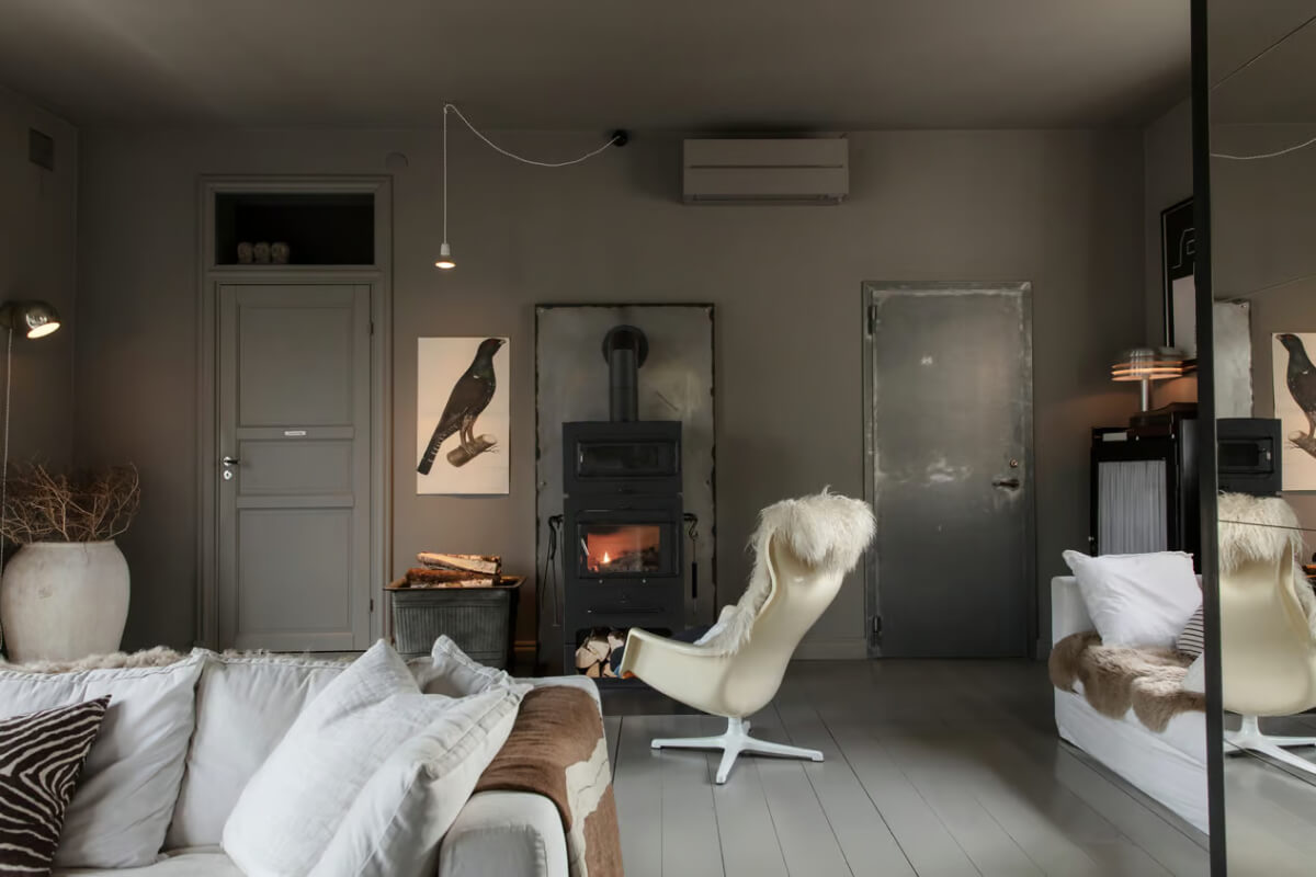 color drenched gray living room