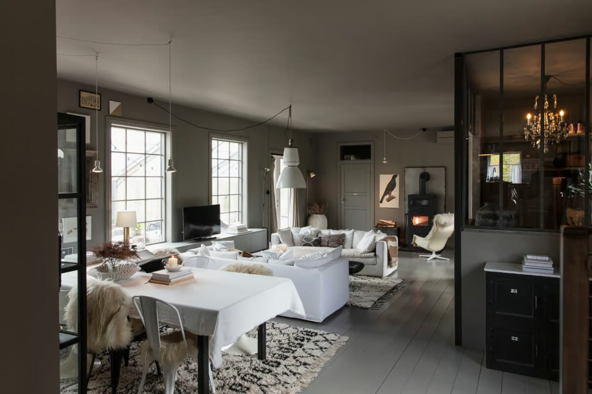 color drenched gray living space white sofas
