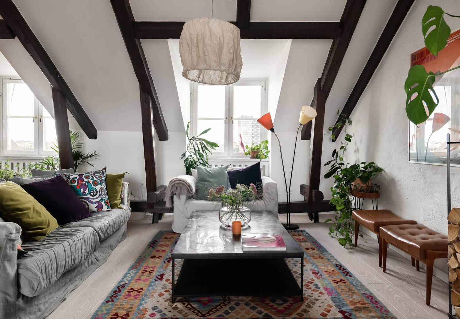 colorful rug penthouse scandinavian nordroom A Scandinavian Penthouse Apartment With A Dark Green Kitchen