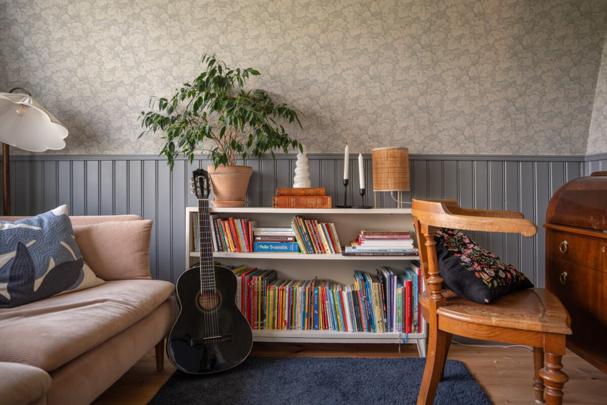 cozy sitting room with tongue and groove paneling