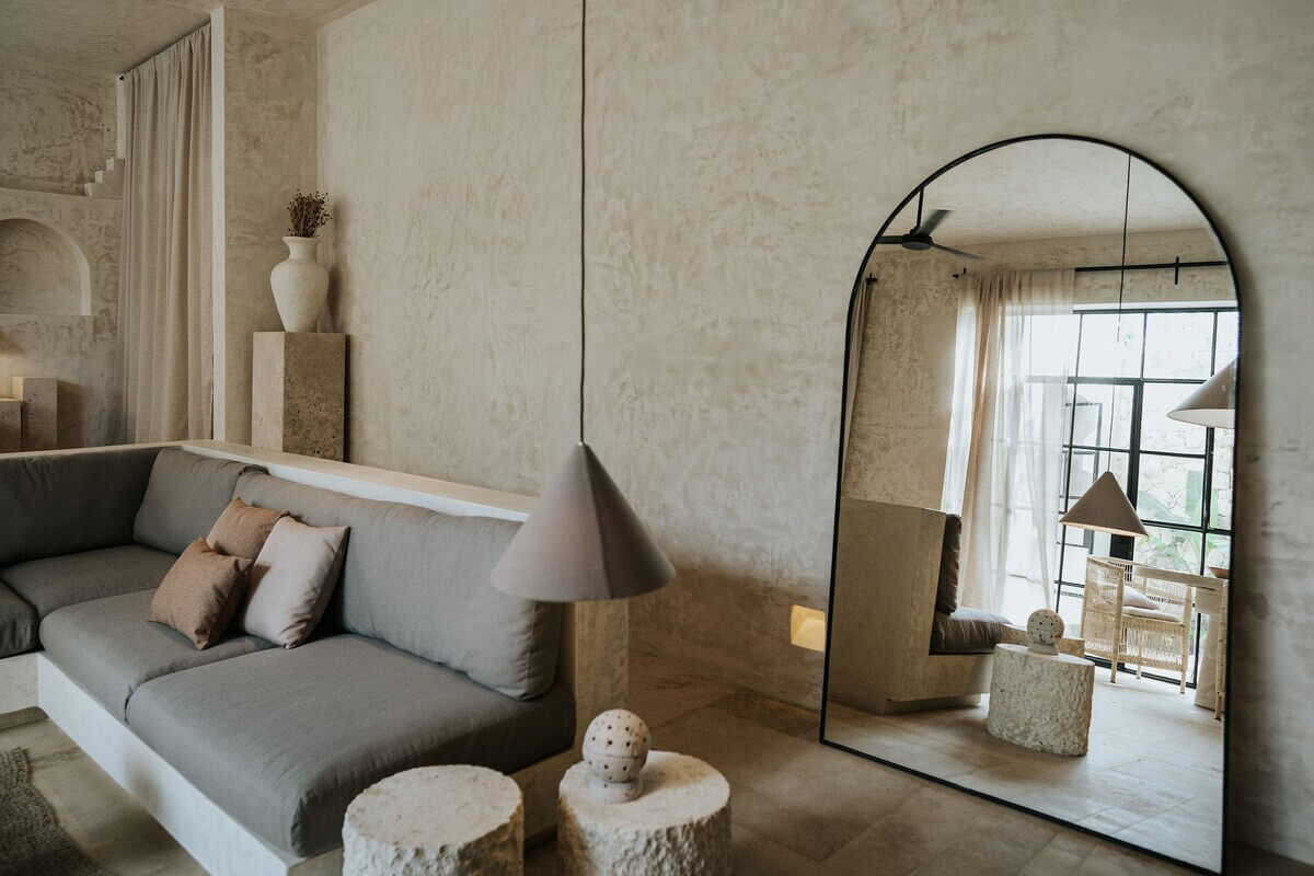 large arched mirror living room airbnb apartment mexico