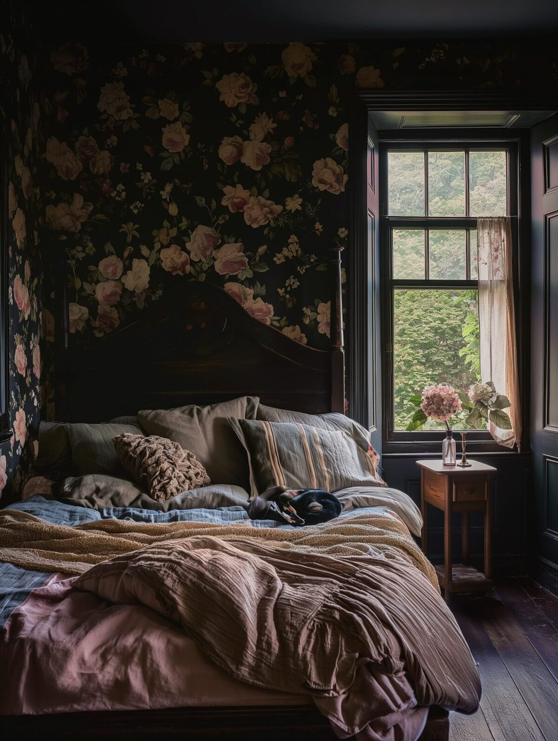 dark feminine bedroom with antique bed and floral wallpaper nordroom