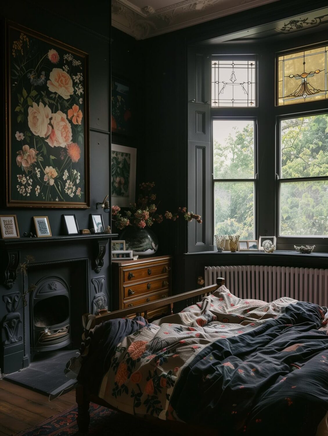 dark feminine bedroom with floral art and fireplace nordroom
