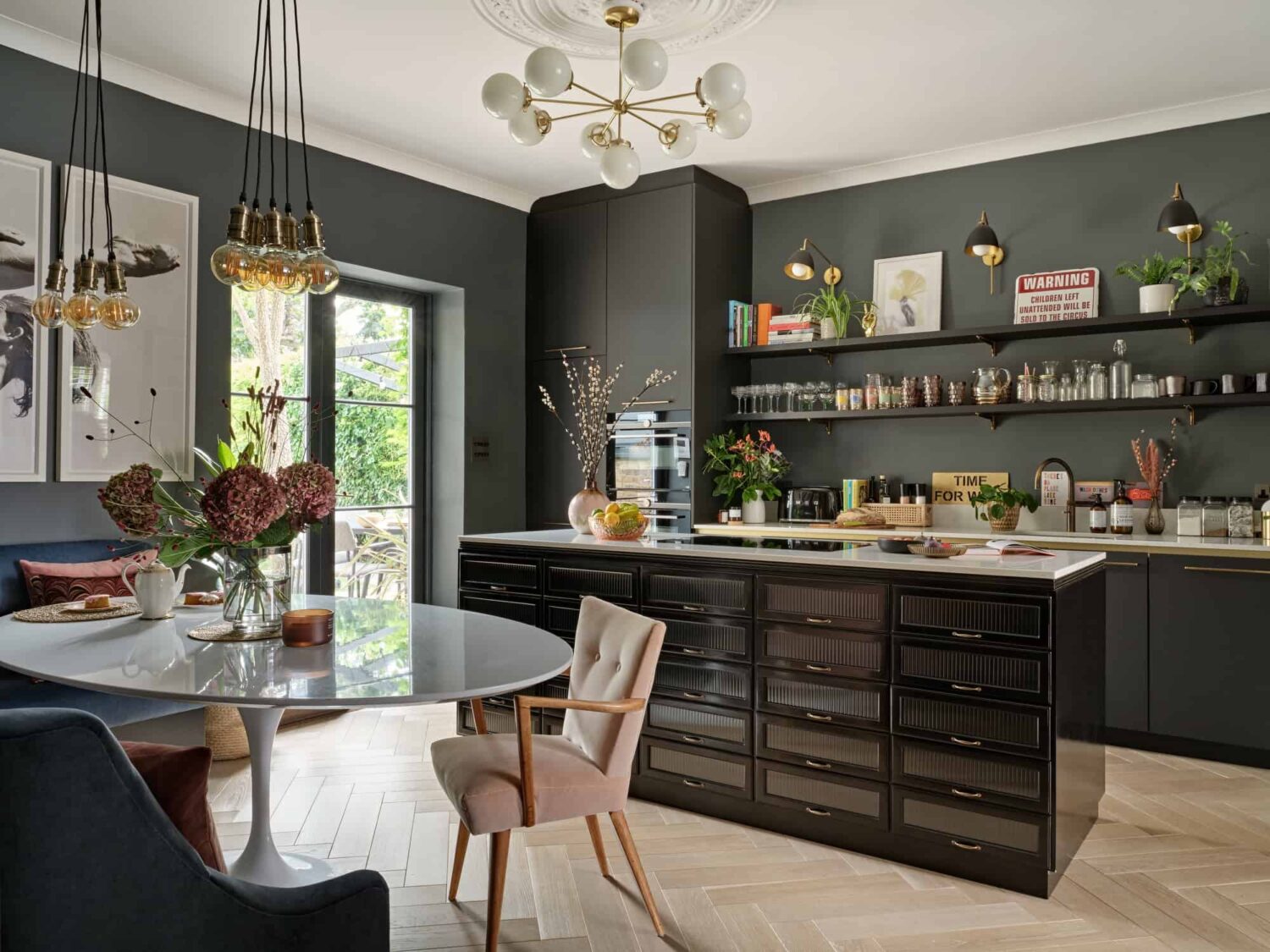 dark gray kitchen with island and shelves