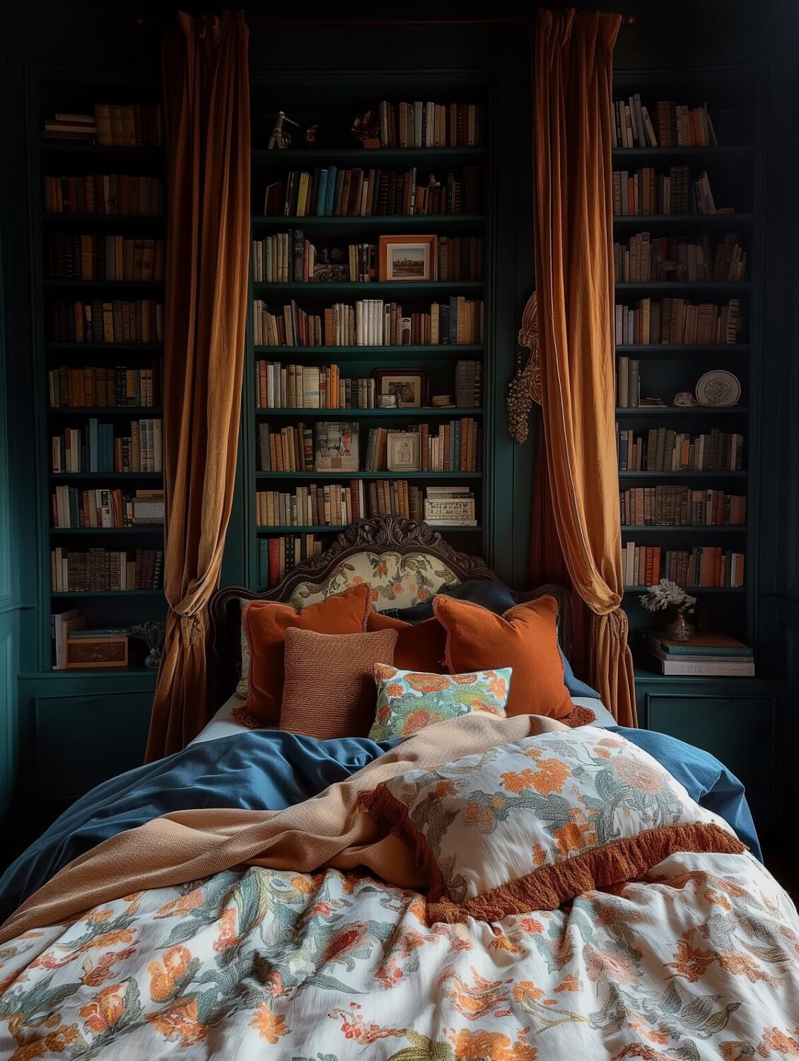dark green bedroom with terracotta accents nordroom