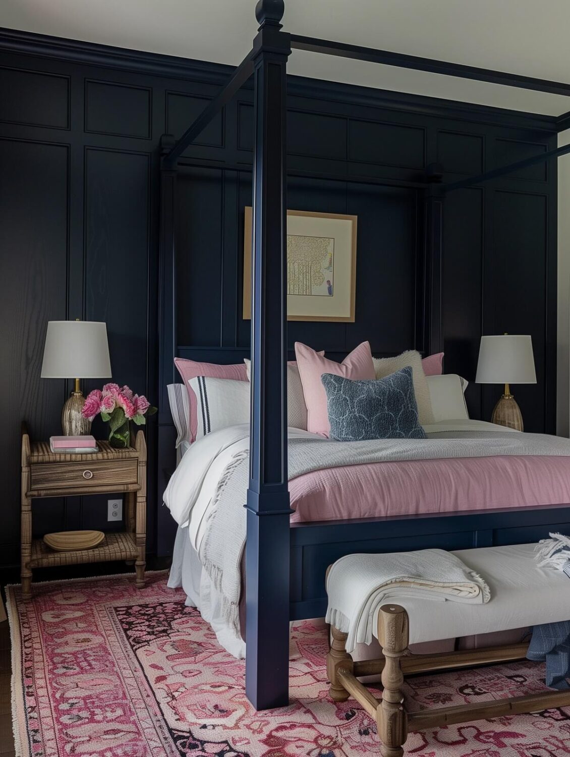 dark wood paneled bedroom with pink textiles and canopy bed nordroom