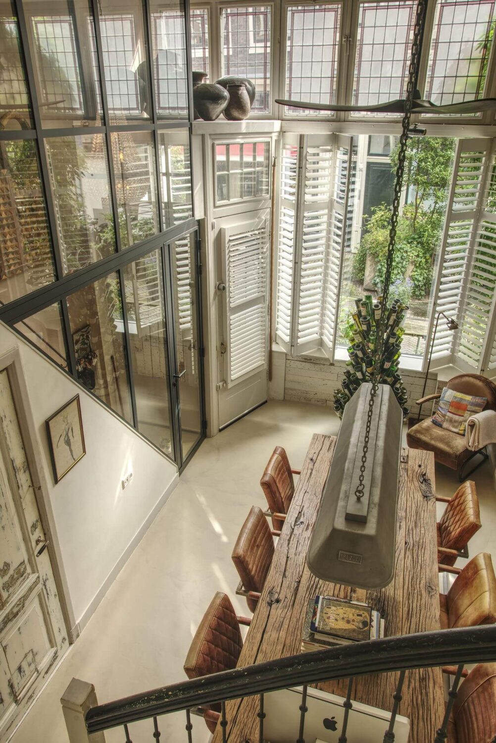 dining room high ceilings stained glass windows