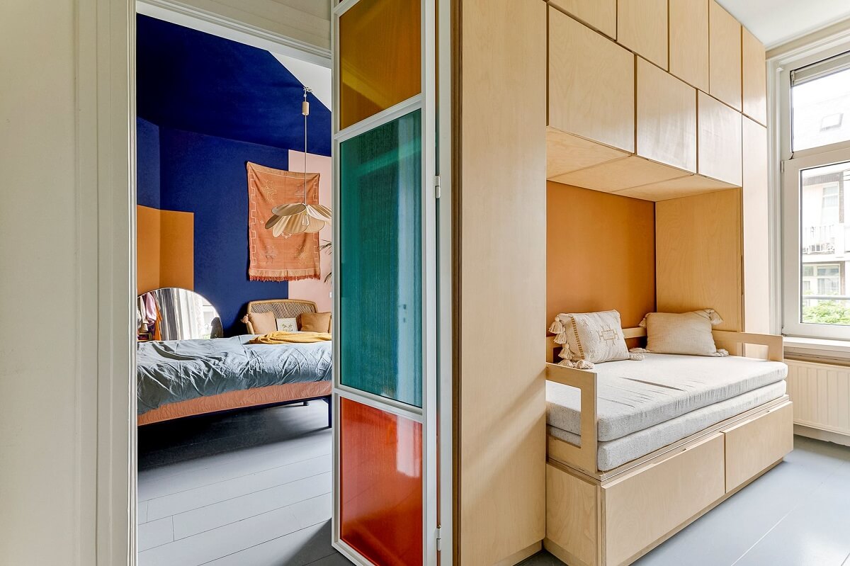 double bedrooms with glass colorful doors