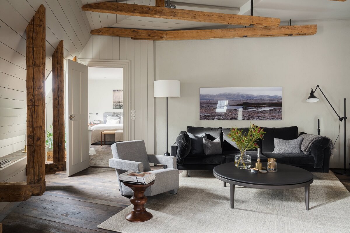 exposed wooden beams living room gray tones