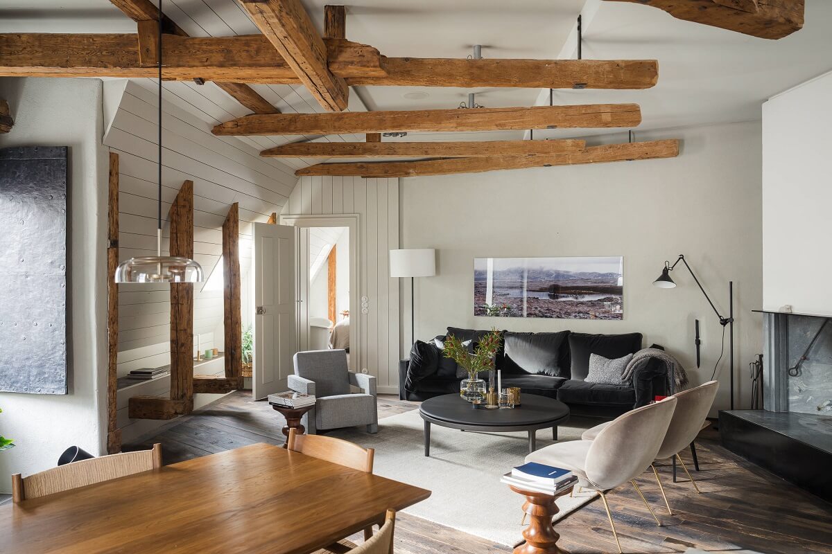 exposed wooden beams living space