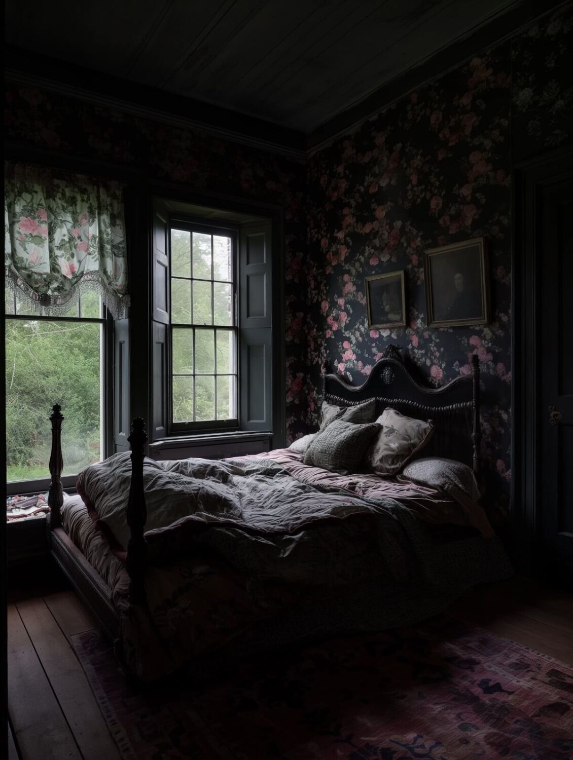 floral wallpaper and pink rug in a dark feminine bedroom nordroom