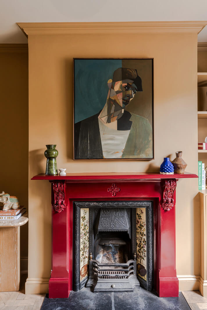 golden orange walls cherry red fireplace
