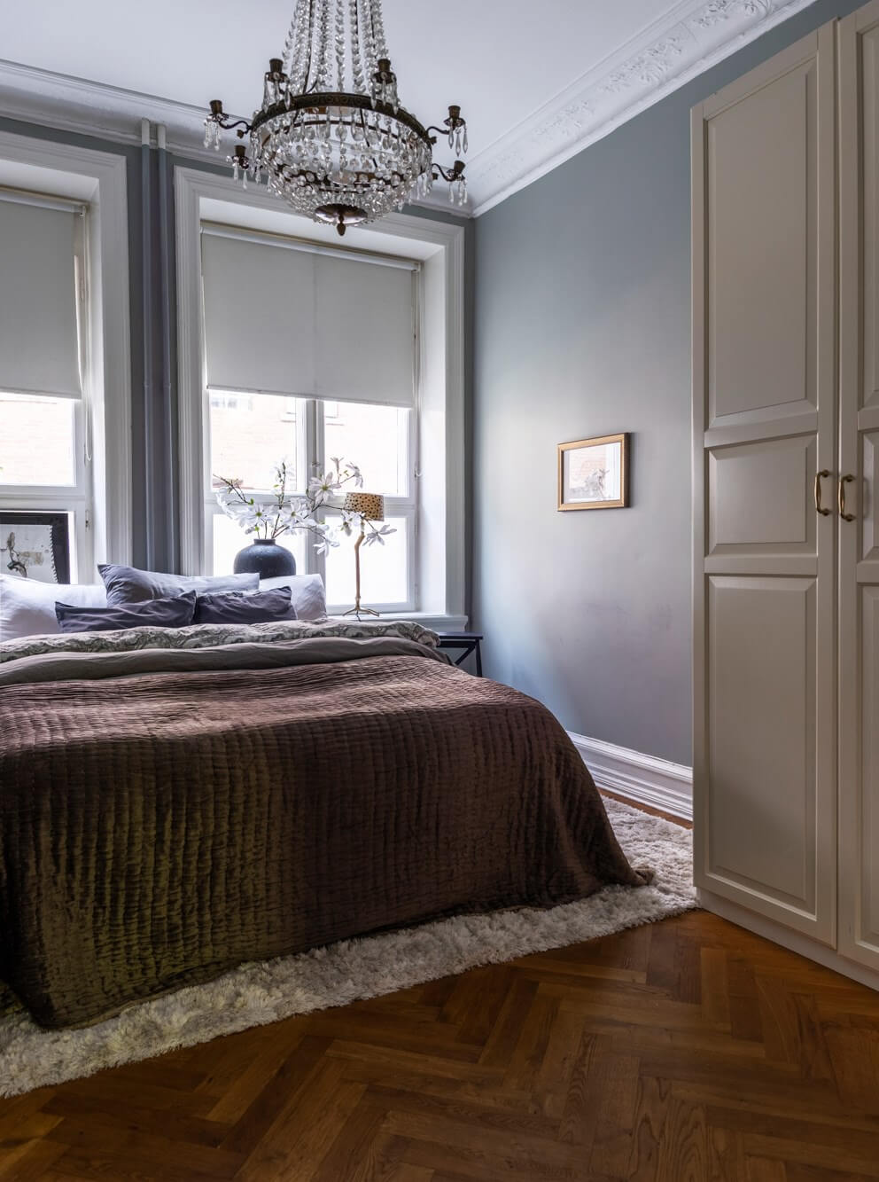 gray bedroom herringbone parquet floor
