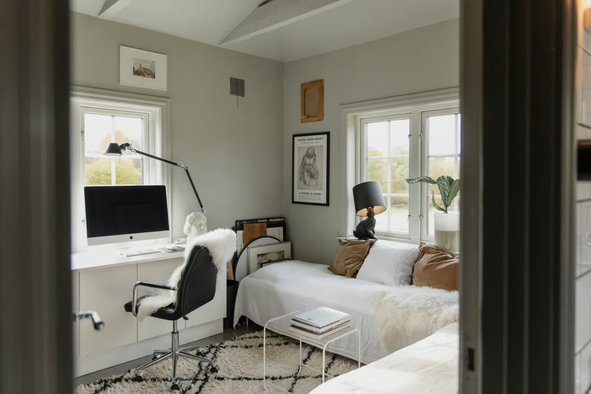 gray bedroom with desk