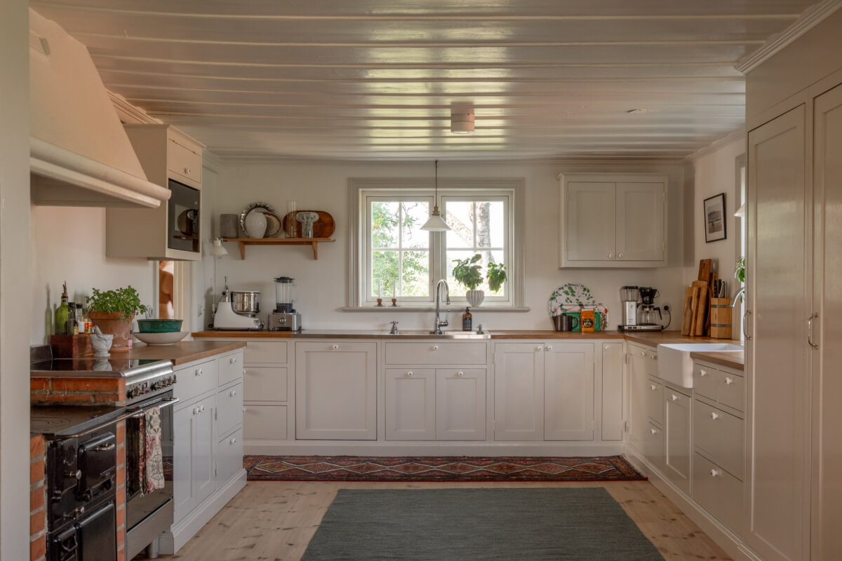 gray country kitchen wooden countertop