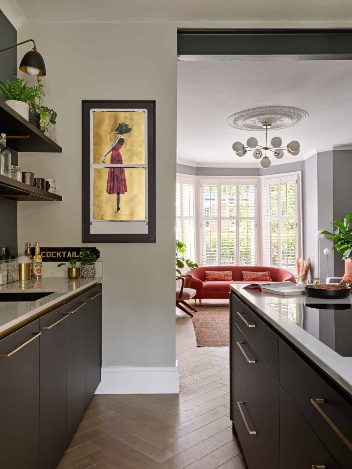 gray kitchen with island and shelves