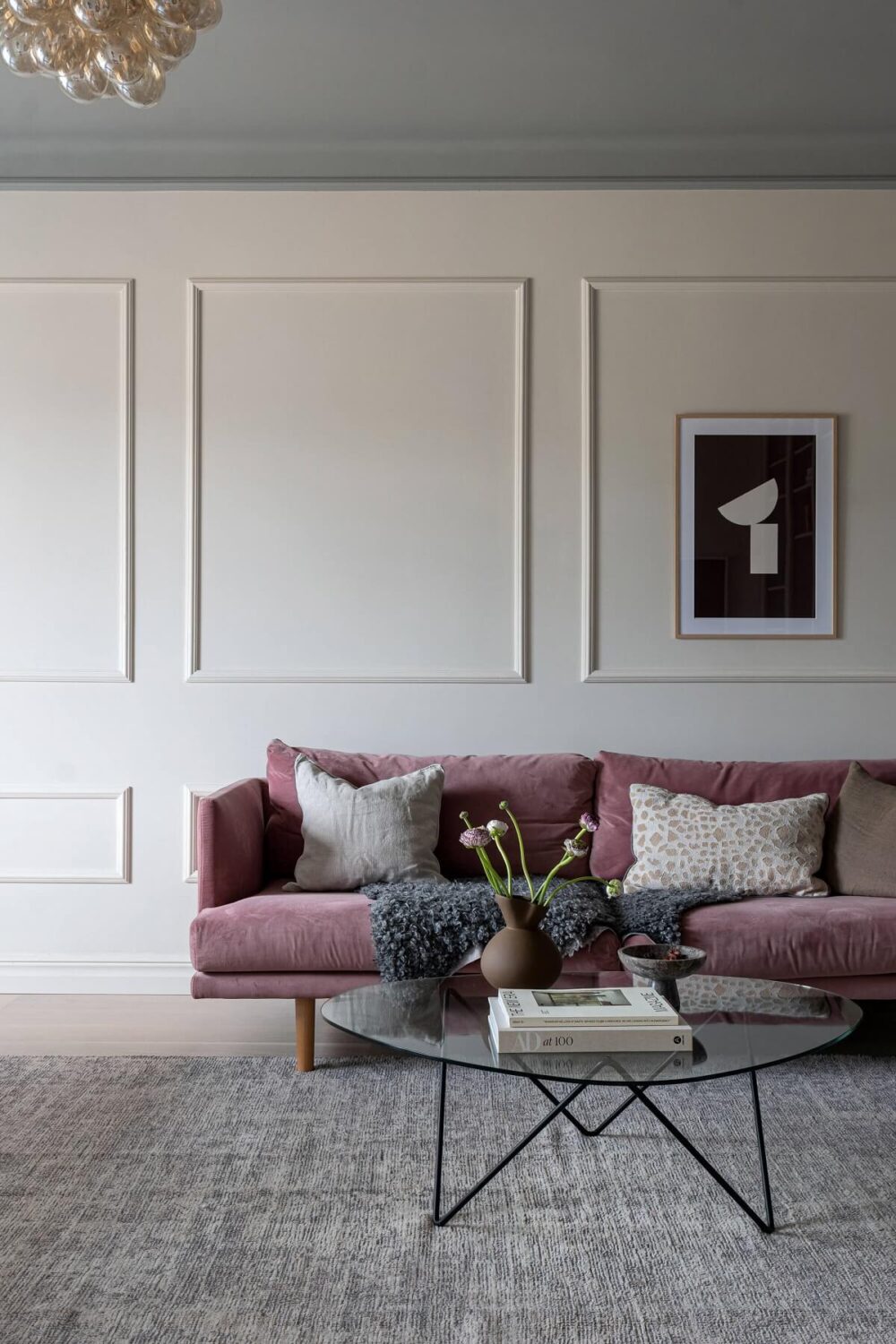 gray living room with purple sofa