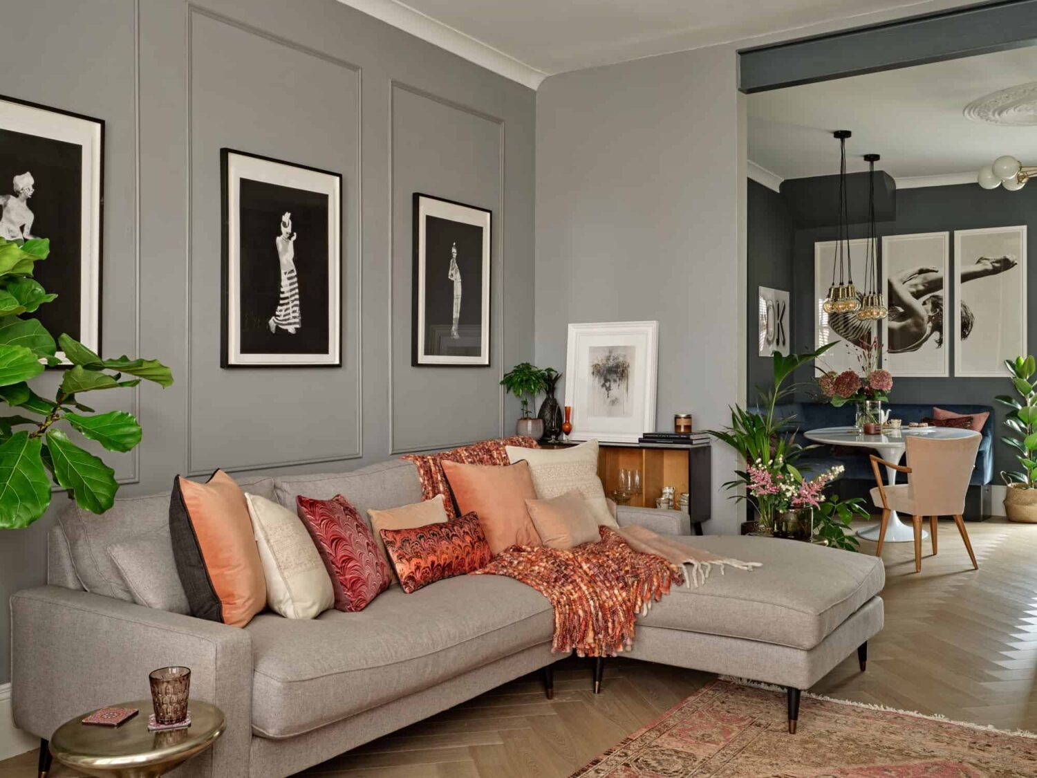gray open plan living room and kitchen