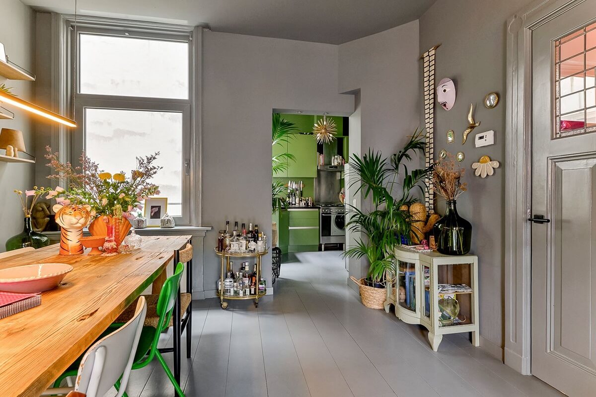 gray walls and floorboards living room
