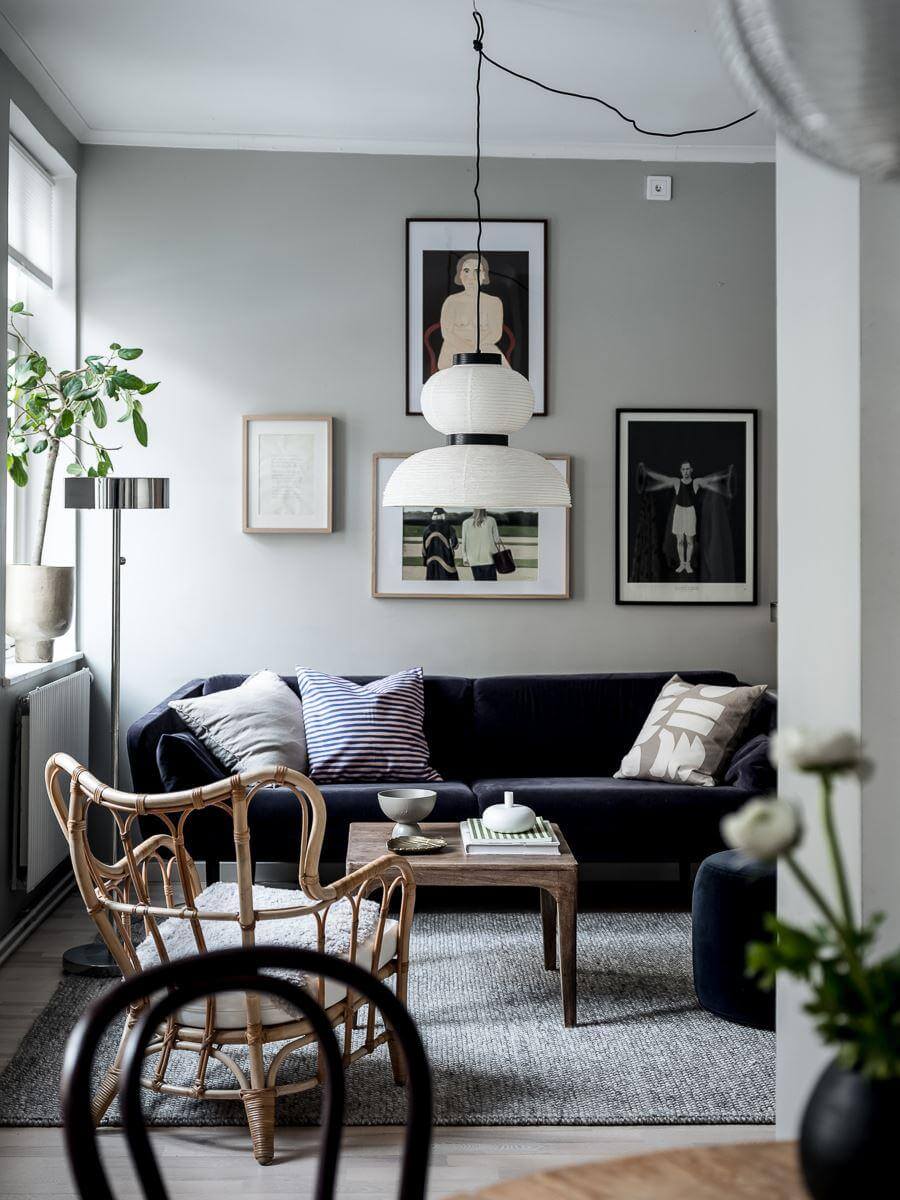 gray walls purple sofa scandinavian studio apartment nordroom