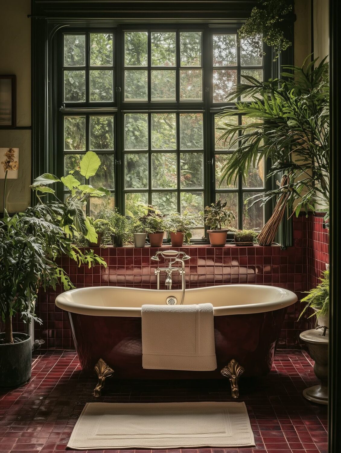 green and red bathroom with clawfoot bath and plants nordroom 1 The Color Trends for 2025: Warm, Natural Shades and a Cheerful Accent