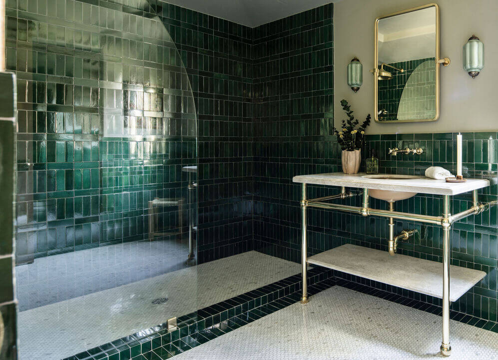 green bathroom large walk-in shower