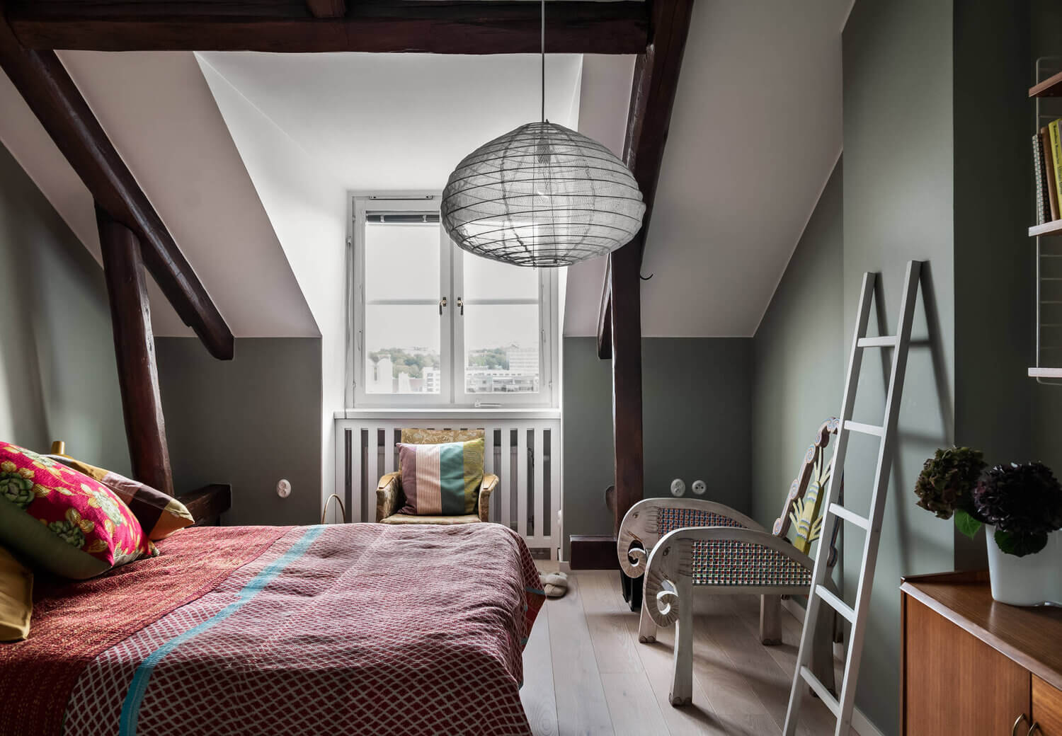 green bedroom slanted ceiling scandinavian penthouse nordroom A Scandinavian Penthouse Apartment With A Dark Green Kitchen