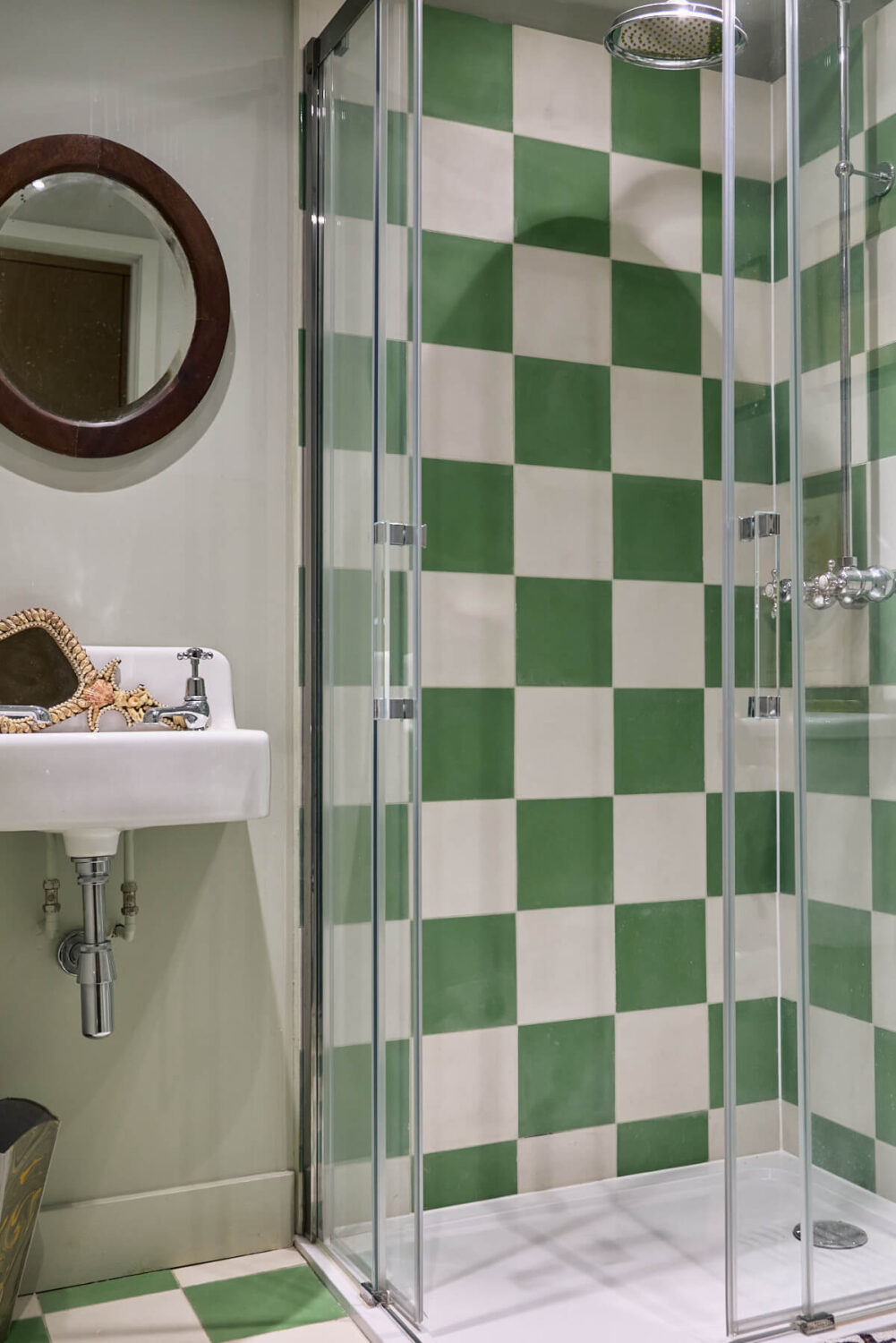 green checkerboard bathroom tiles