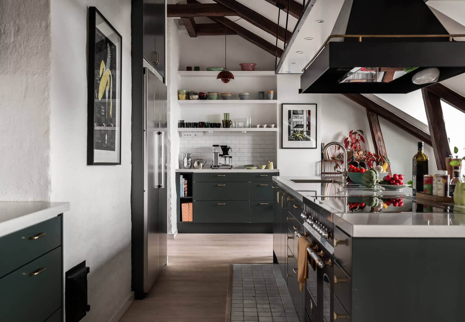 green kitchen open shelves scandinavian penthouse nordroom1 A Scandinavian Penthouse Apartment With A Dark Green Kitchen