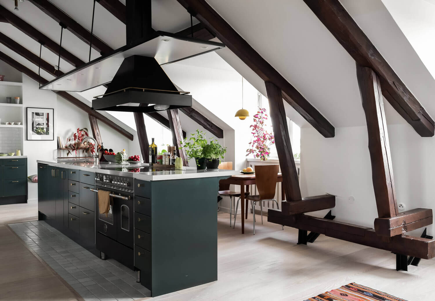 green kitchen scandinavian penthouse nordroom A Scandinavian Penthouse Apartment With A Dark Green Kitchen