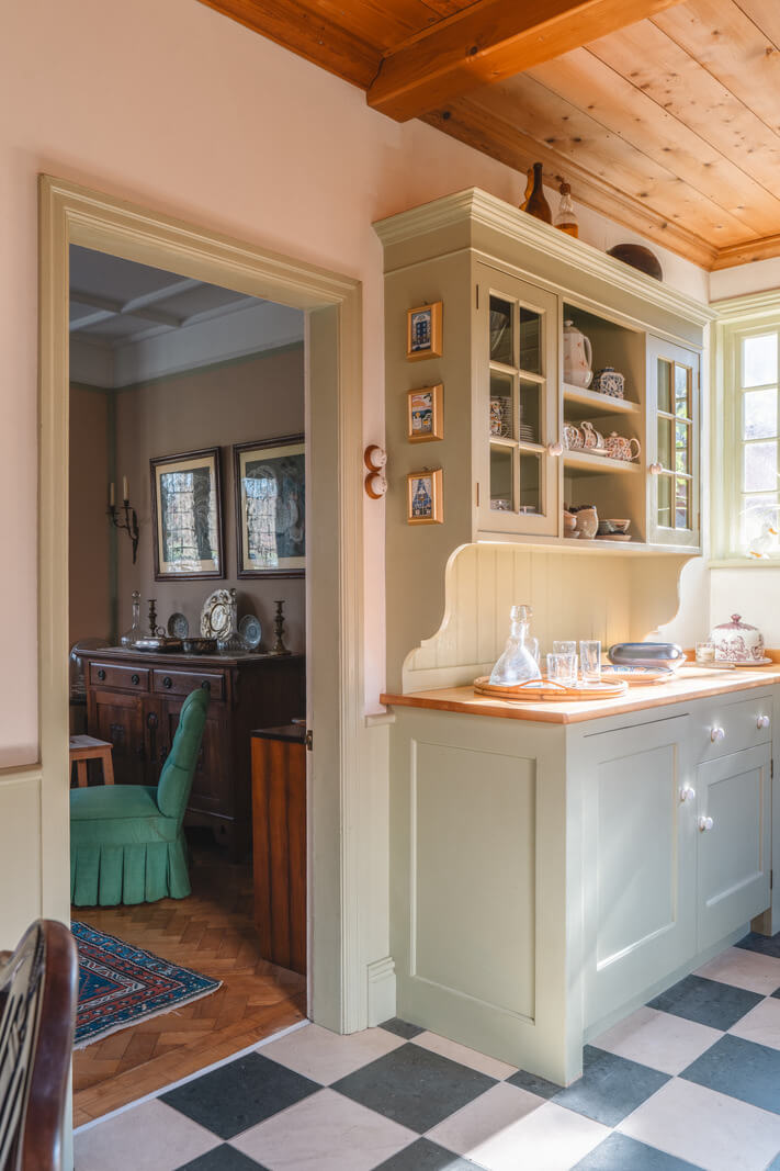 green kitchen timber ceiling checkerboard floor