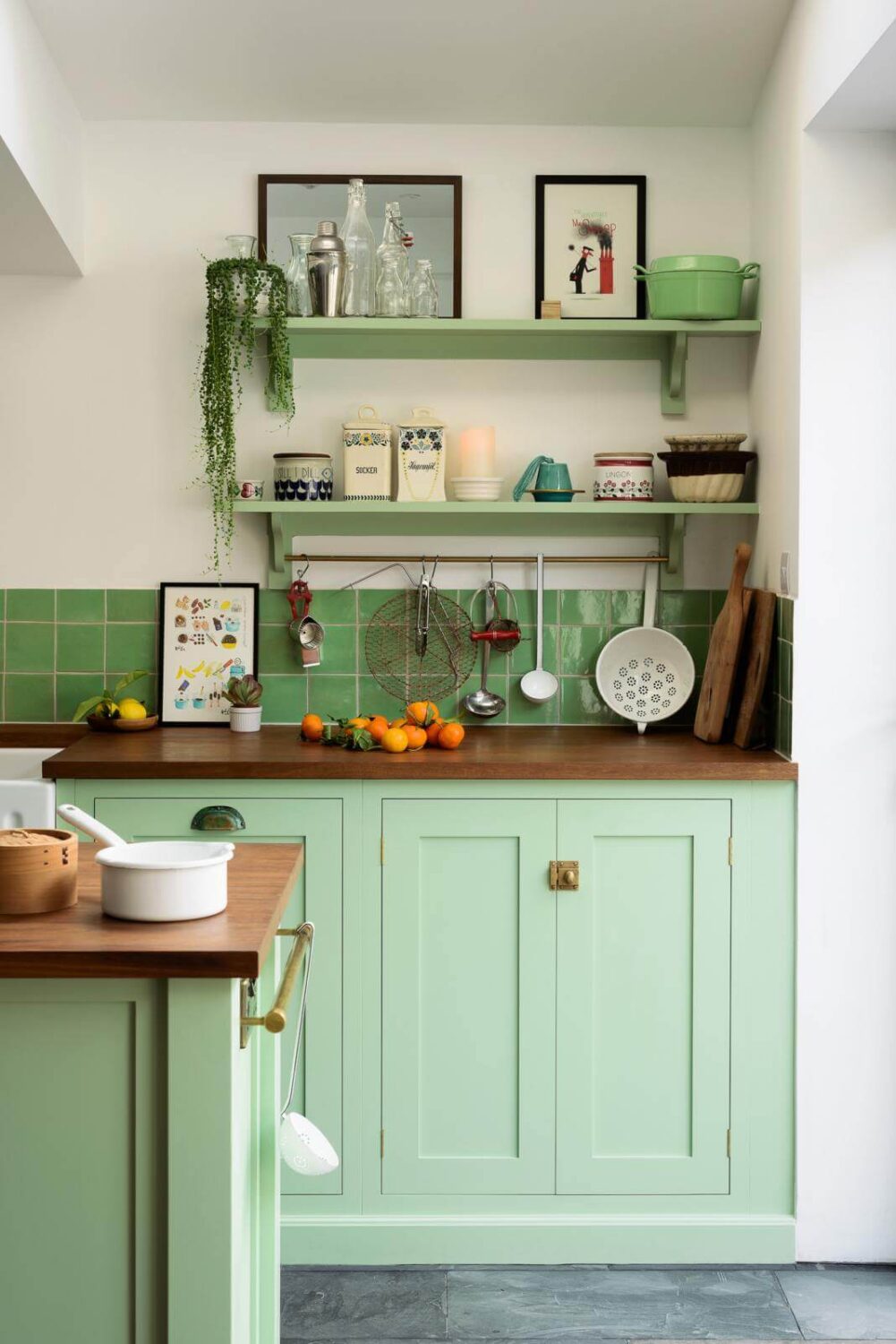 green shaker kitchen with iroko countertop nordroom