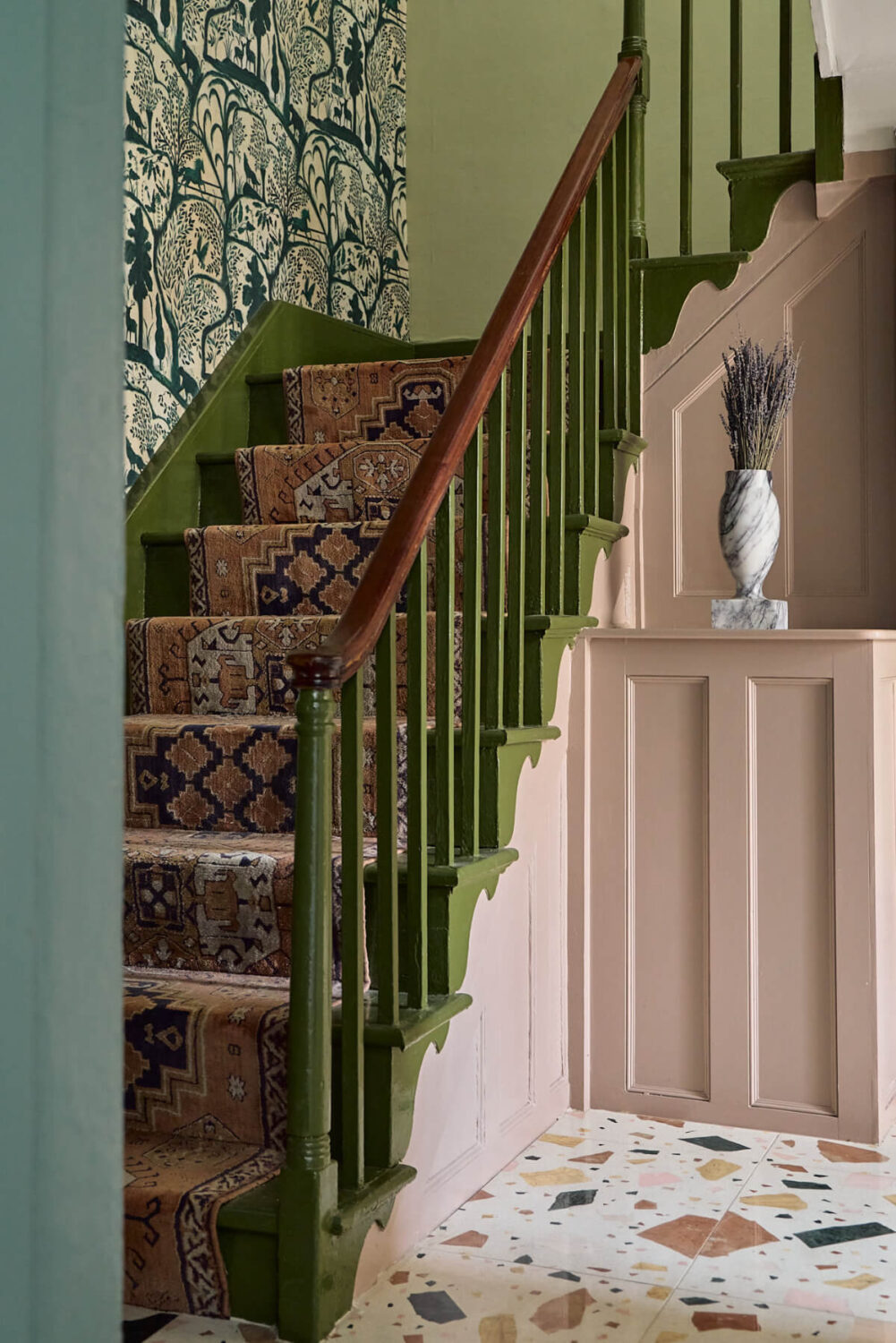 green staircase terrazzo tiles A Colorful Design-Led Georgian House in the Heart of Henley-on-Thames