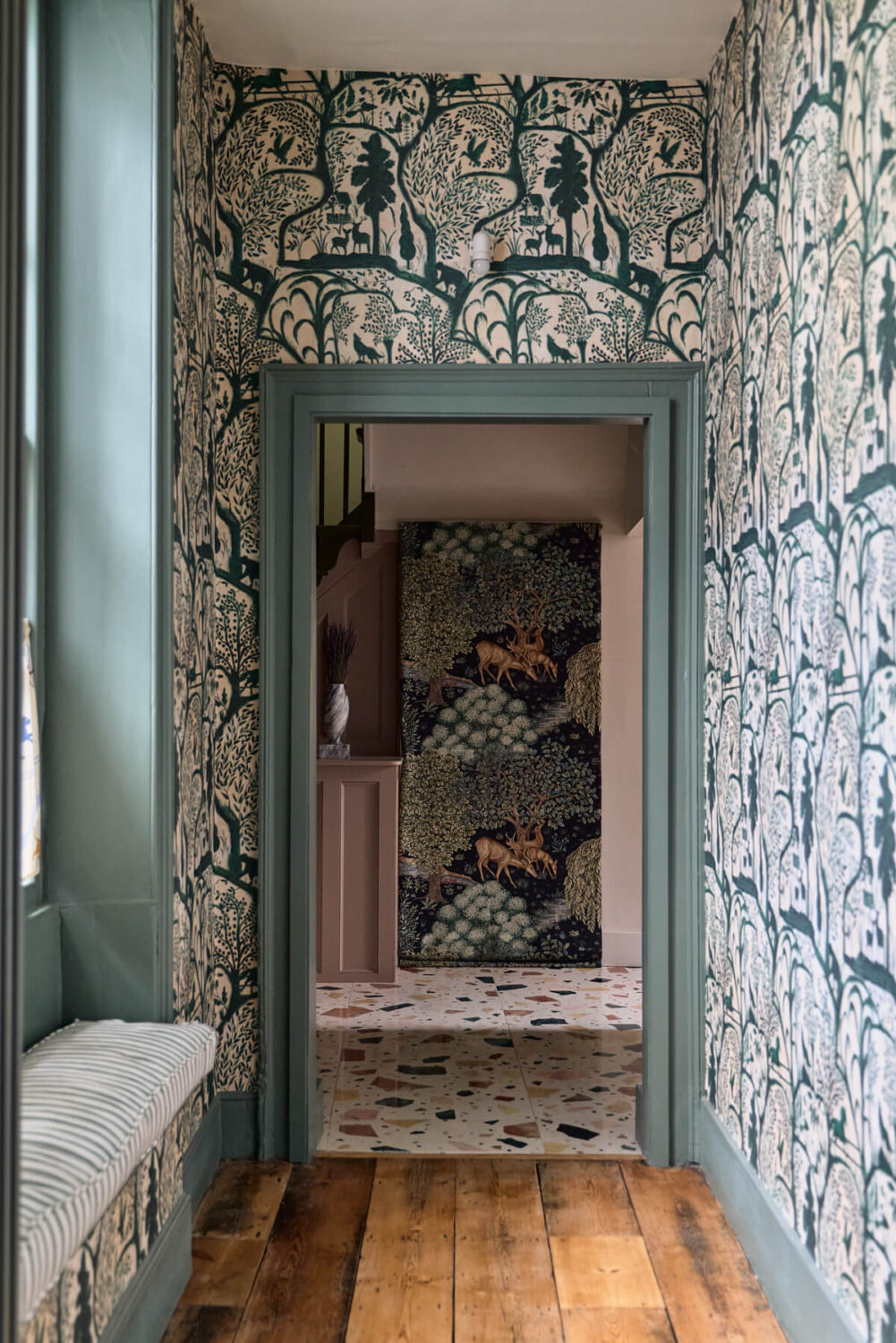 hall wallpaper window bench rustic floorboards A Colorful Design-Led Georgian House in the Heart of Henley-on-Thames